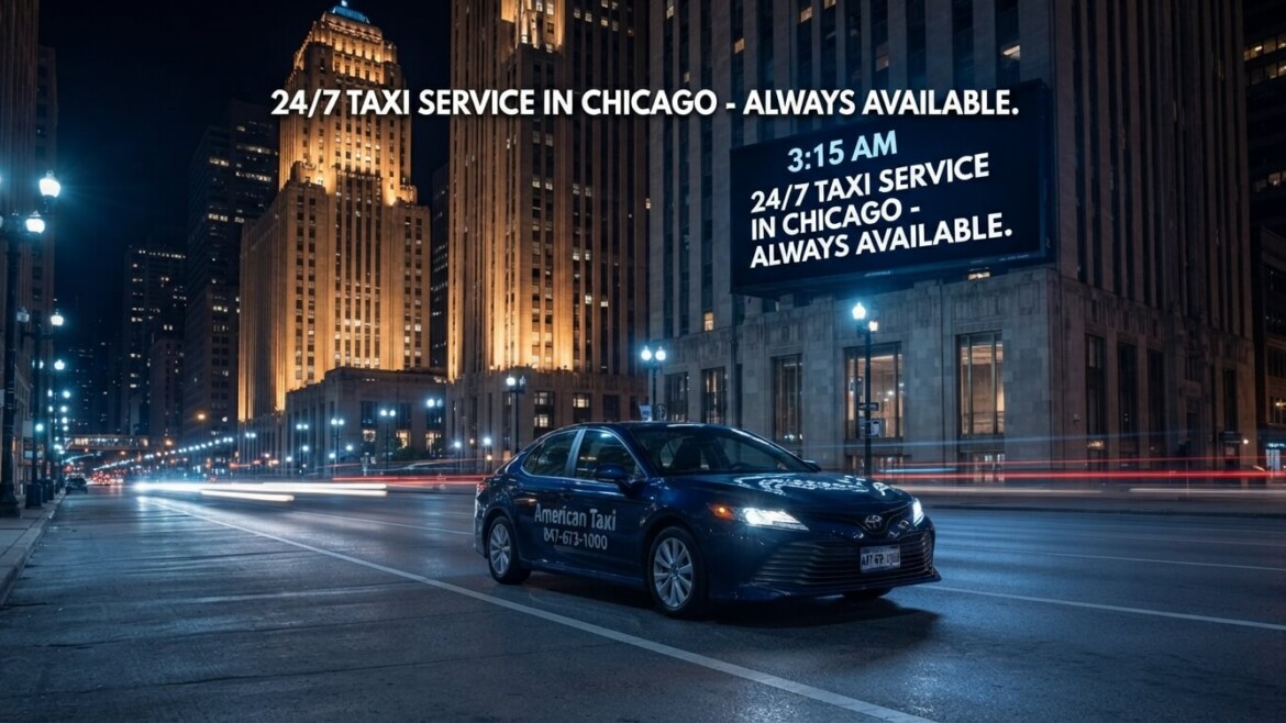 A branded American Taxi sedan drives through the quiet Chicago Loop at 3:15 AM, with light trails and a large billboard confirming 24/7 service availability.