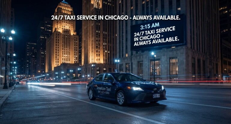 A branded American Taxi sedan drives through the quiet Chicago Loop at 3:15 AM, with light trails and a large billboard confirming 24/7 service availability.