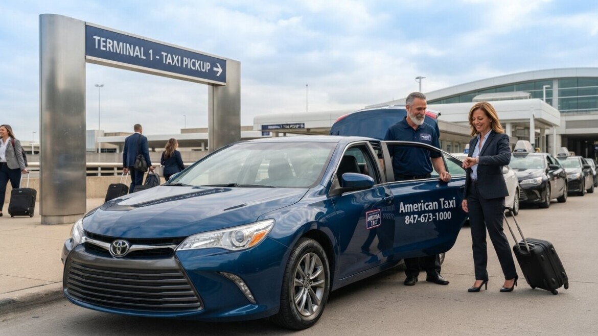 A uniformed American Taxi driver assists a business traveler with luggage at the O'Hare International Airport Terminal 1 taxi pickup curb, illustrating efficient airport service.