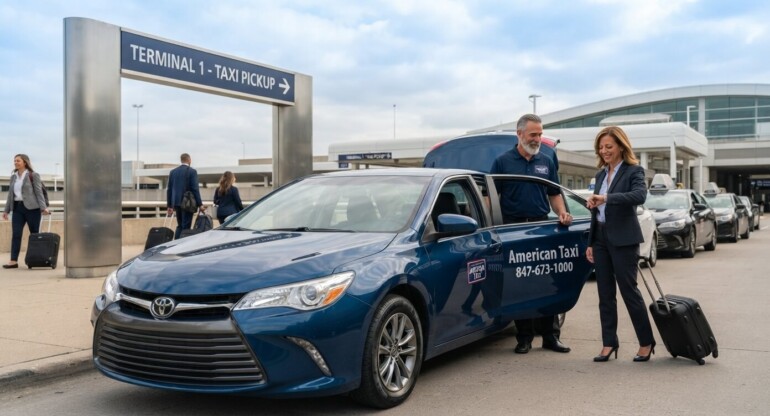 A uniformed American Taxi driver assists a business traveler with luggage at the O'Hare International Airport Terminal 1 taxi pickup curb, illustrating efficient airport service.
