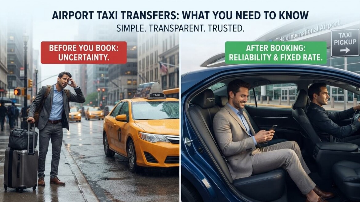 A split-panel infographic illustrating the difference between uncertainty when hailing a generic cab in the rain (left) and the reliability and comfort of a pre-booked American Taxi Dispatch sedan with professional service to O'Hare Airport (right), titled 'Airport Taxi Transfers | What You Need to Know Before You Book'.
