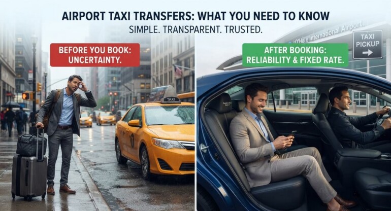 A split-panel infographic illustrating the difference between uncertainty when hailing a generic cab in the rain (left) and the reliability and comfort of a pre-booked American Taxi Dispatch sedan with professional service to O'Hare Airport (right), titled 'Airport Taxi Transfers | What You Need to Know Before You Book'.