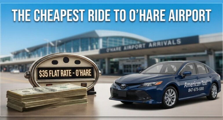A featured graphic for 'Cheapest Ride to O’Hare Airport – American Taxi' showing a professional American Taxi sedan with O’Hare International Airport terminals in the background.