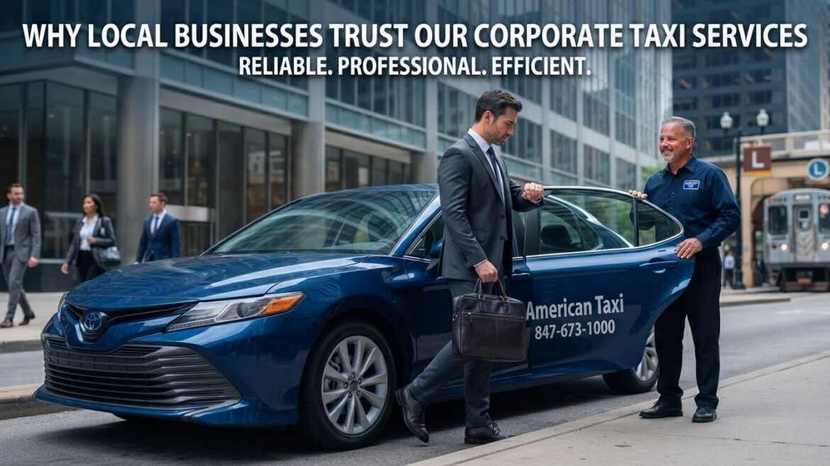 A professional business professional in a suit enters a branded American Taxi sedan in downtown Chicago, with a uniformed driver holding the door, illustrating trusted corporate services.