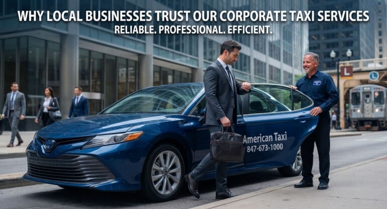 A professional business professional in a suit enters a branded American Taxi sedan in downtown Chicago, with a uniformed driver holding the door, illustrating trusted corporate services.
