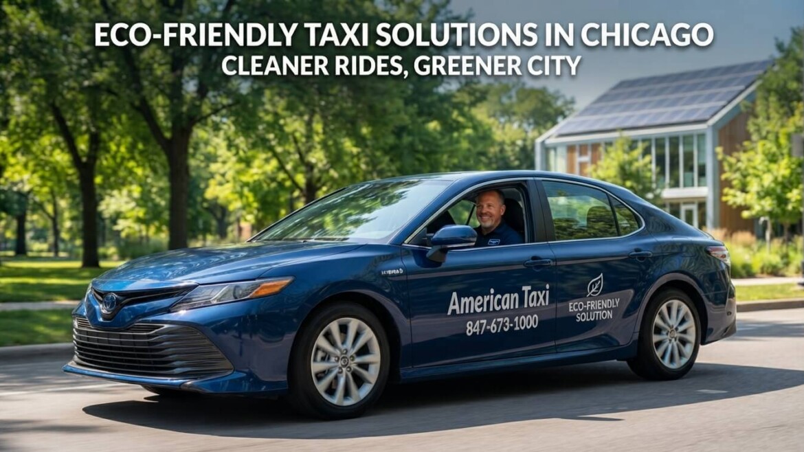 A branded American Taxi Hybrid sedan drives through a sunny Chicago park, showcasing eco-friendly transportation solutions with a subtle leaf icon on the door.