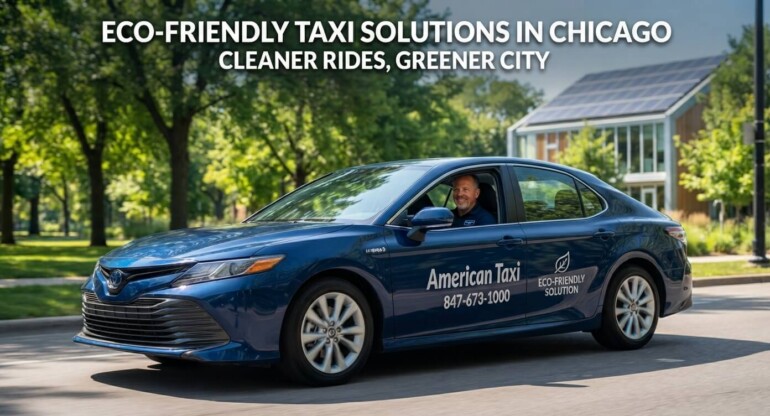 A branded American Taxi Hybrid sedan drives through a sunny Chicago park, showcasing eco-friendly transportation solutions with a subtle leaf icon on the door.