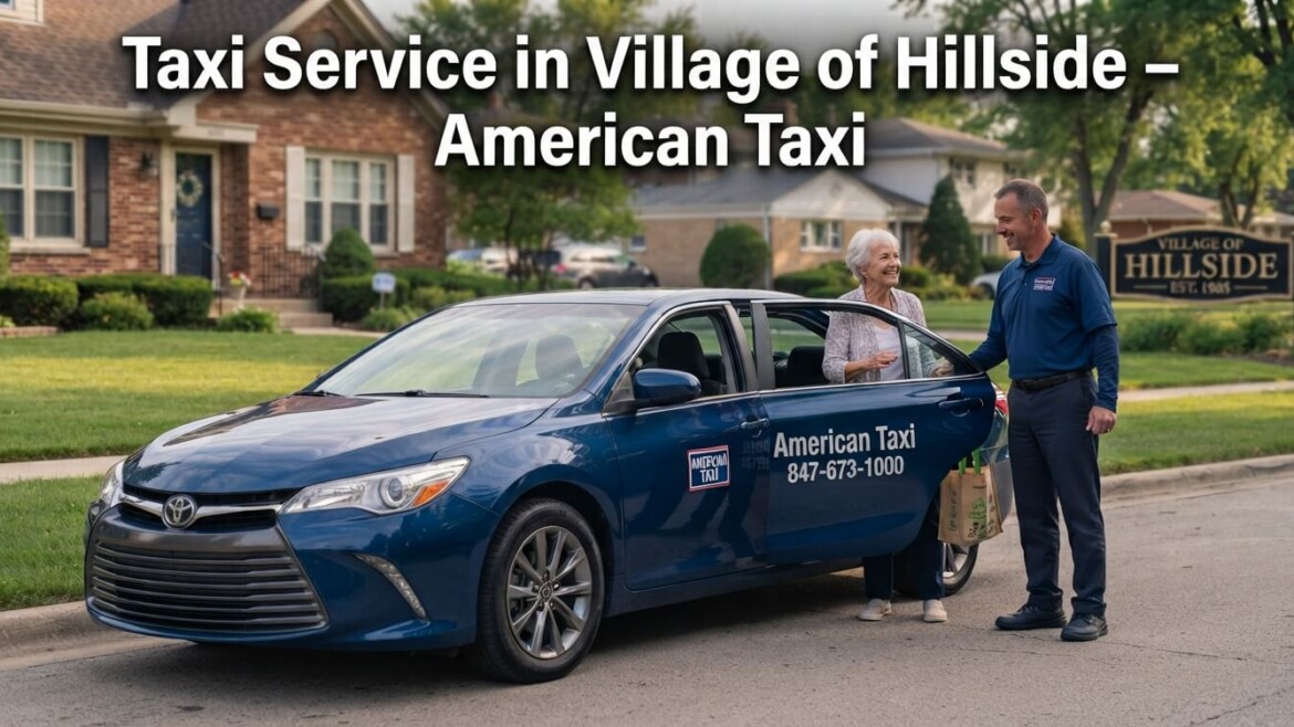A friendly uniformed American Taxi driver assists an elderly resident stepping out of a branded sedan on a sunny residential street in the Village of Hillside.