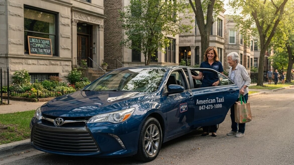A friendly American Taxi driver assists an elderly resident with groceries to enter a branded sedan on a sunny, tree-lined Chicago residential street, highlighting local service.