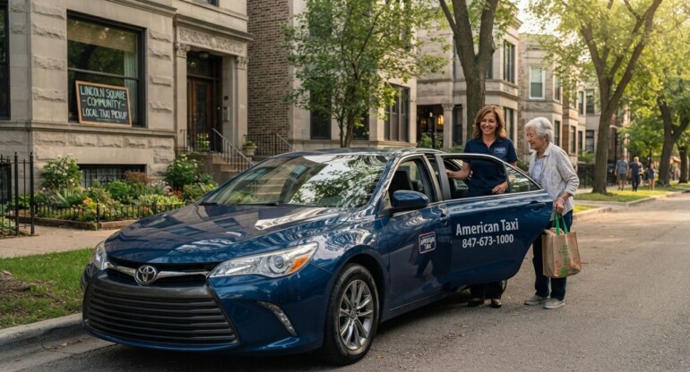 A friendly American Taxi driver assists an elderly resident with groceries to enter a branded sedan on a sunny, tree-lined Chicago residential street, highlighting local service.