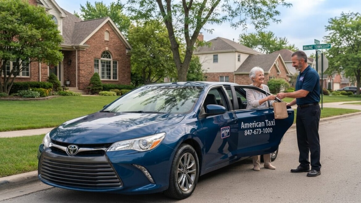A friendly uniformed American Taxi driver hands a bag to an elderly resident stepping out of a branded sedan on a pleasant residential street in Maine Township, illustrating local service.