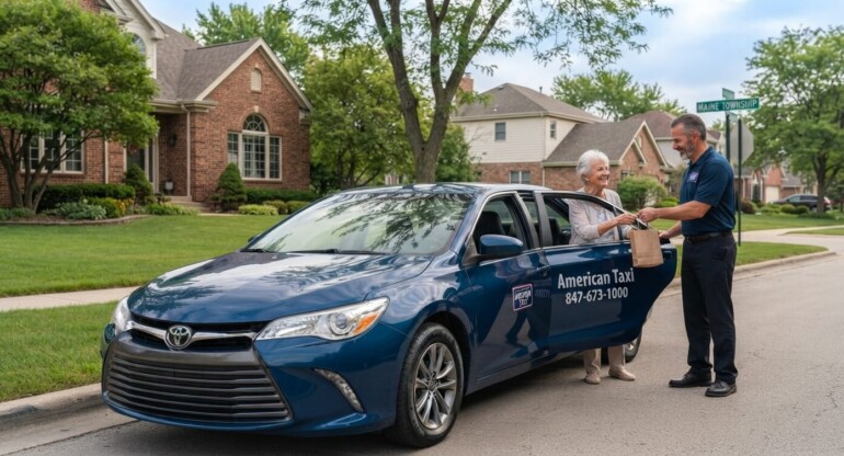 A friendly uniformed American Taxi driver hands a bag to an elderly resident stepping out of a branded sedan on a pleasant residential street in Maine Township, illustrating local service.