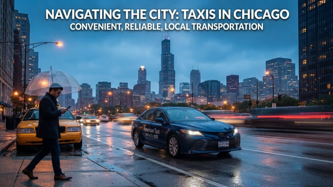 A branded American Taxi sedan drives along a wet Wacker Drive in downtown Chicago at dusk, with the skyline and a pedestrian with an umbrella in the foreground, illustrating convenient local transportation.