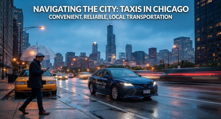 A branded American Taxi sedan drives along a wet Wacker Drive in downtown Chicago at dusk, with the skyline and a pedestrian with an umbrella in the foreground, illustrating convenient local transportation.