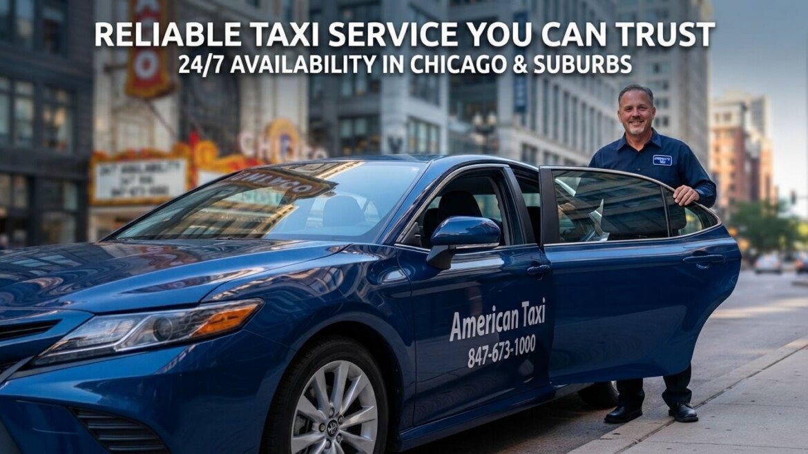 A professional American Taxi sedan and uniformed driver stand ready on a sunny Chicago street, highlighting 24/7 reliability for the service.
