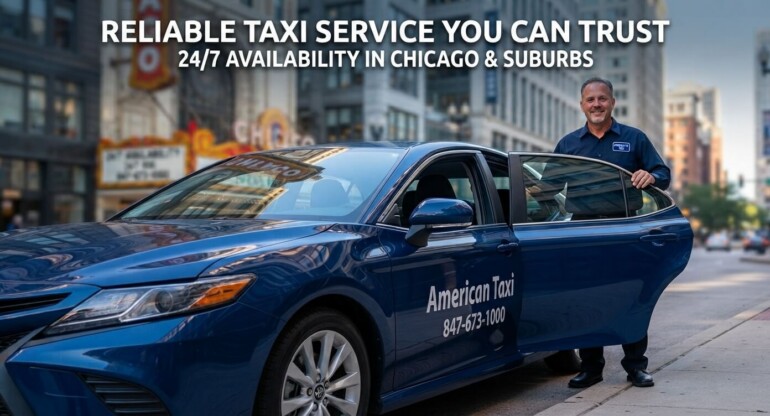 A professional American Taxi sedan and uniformed driver stand ready on a sunny Chicago street, highlighting 24/7 reliability for the service.