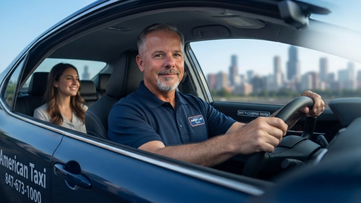 A professional and trustworthy American Taxi driver smiles at the camera, hands on the wheel, with a relaxed passenger in the rear seat, conveying safety across Chicago.