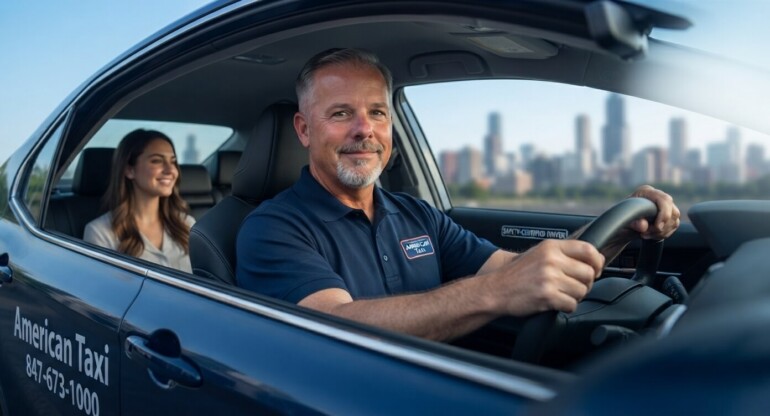 A professional and trustworthy American Taxi driver smiles at the camera, hands on the wheel, with a relaxed passenger in the rear seat, conveying safety across Chicago.
