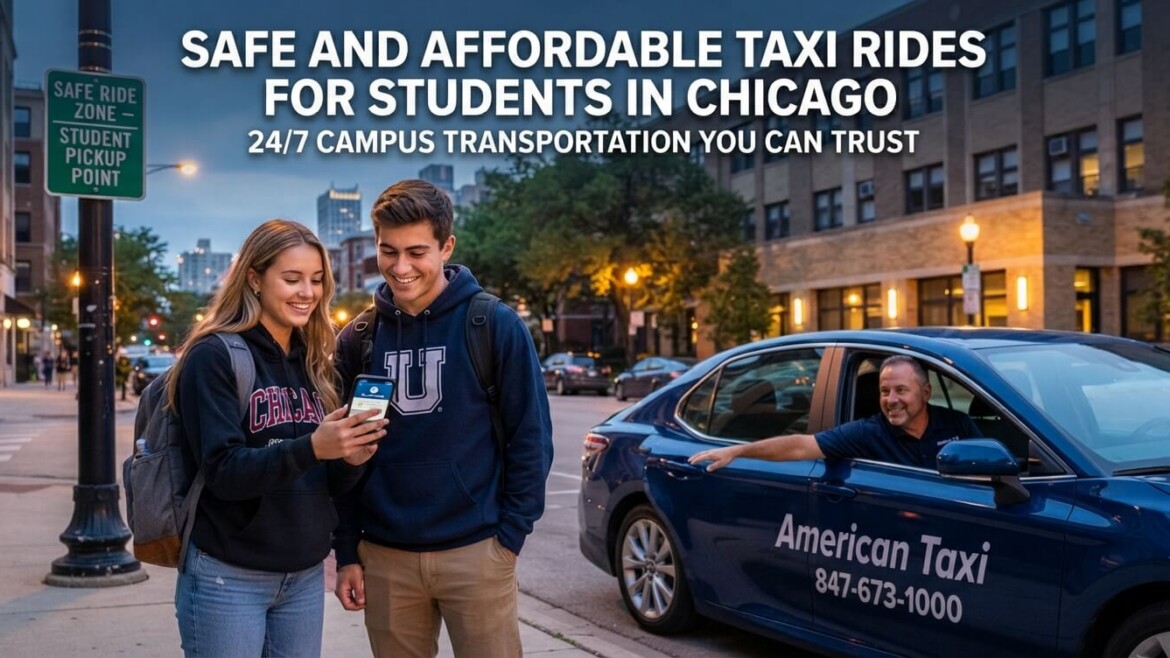 Two college students with backpacks use the American Taxi app on a smartphone to hail a branded sedan on a safe, well-lit Chicago street in the evening.