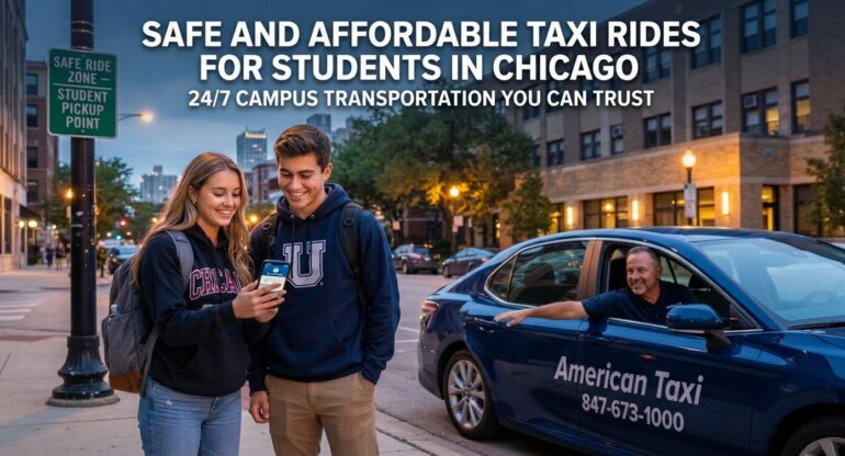 Two college students with backpacks use the American Taxi app on a smartphone to hail a branded sedan on a safe, well-lit Chicago street in the evening.