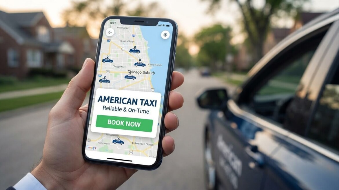 A close-up of a smartphone held by a hand, displaying a map with American Taxi icons and a 'BOOK NOW' button, illustrating the 'Taxi Service Near Me | American Taxi' experience in a Chicago suburb.