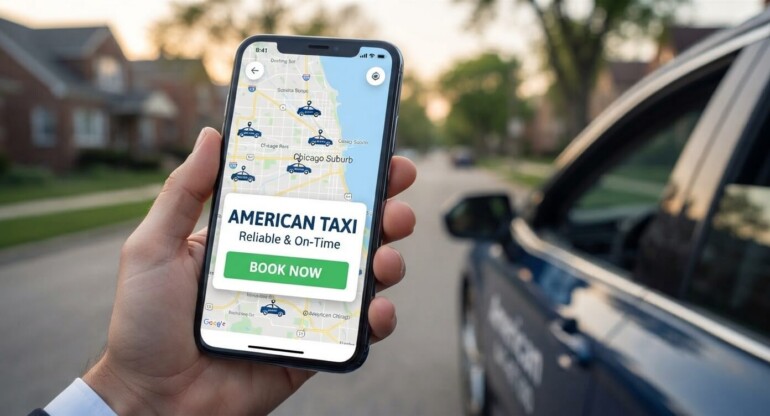 A close-up of a smartphone held by a hand, displaying a map with American Taxi icons and a 'BOOK NOW' button, illustrating the 'Taxi Service Near Me | American Taxi' experience in a Chicago suburb.