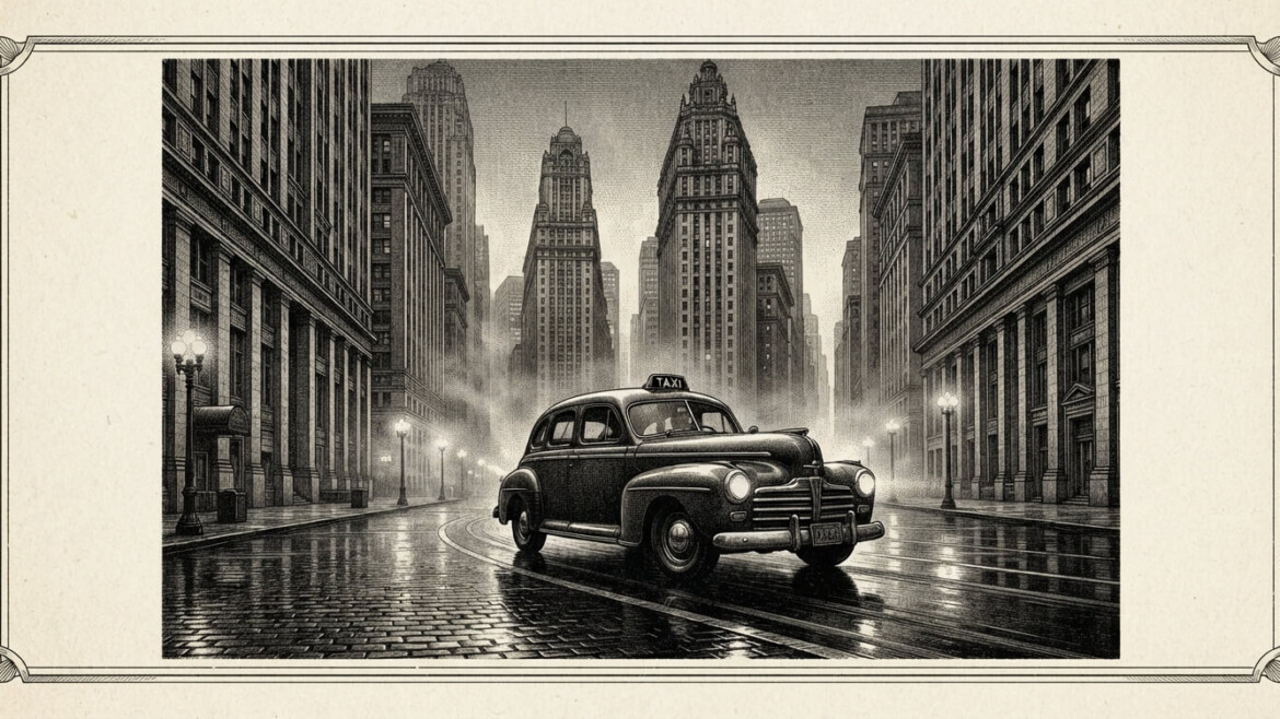 An antique monochrome steel engraving illustration of a classic taxicab navigating a rain-slicked Chicago downtown street canyon at dusk, rendered with detailed cross-hatching and dramatic shadows.