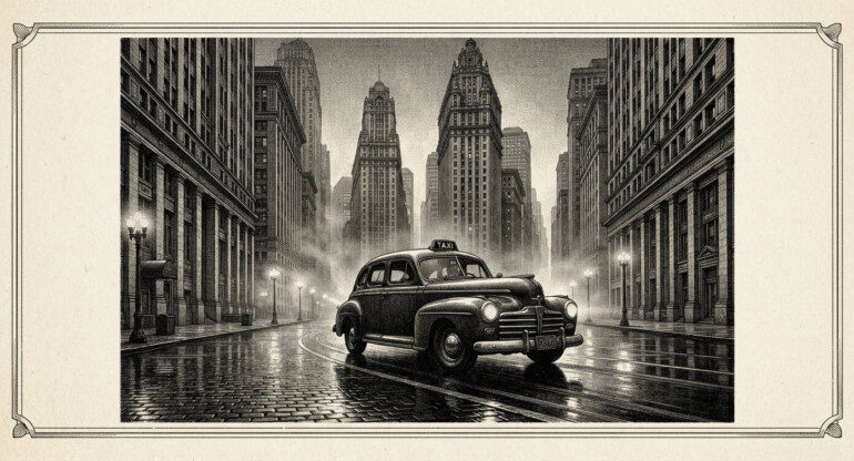 An antique monochrome steel engraving illustration of a classic taxicab navigating a rain-slicked Chicago downtown street canyon at dusk, rendered with detailed cross-hatching and dramatic shadows.