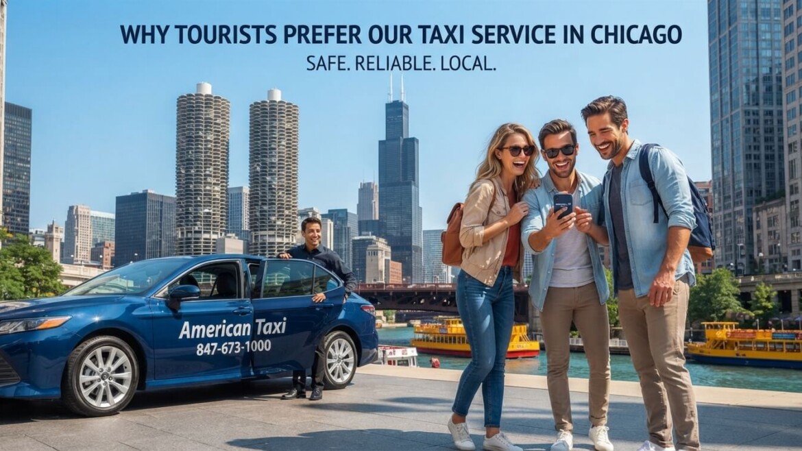 Tourists smiling near the Chicago Riverwalk with a branded American Taxi sedan waiting nearby.