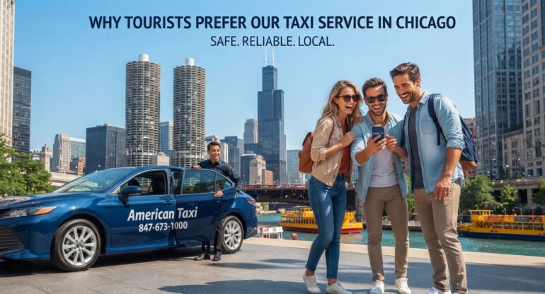 Tourists smiling near the Chicago Riverwalk with a branded American Taxi sedan waiting nearby.