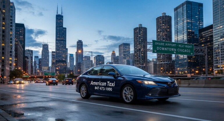 A clean American Taxi vehicle providing the best taxi service in Chicago for local residents and airport travelers.