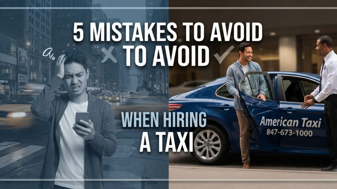 Mistakes to avoid when hiring a taxi in Chicago, contrasting a stressful cab experience with a reliable American Taxi service.