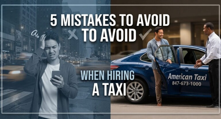 Mistakes to avoid when hiring a taxi in Chicago, contrasting a stressful cab experience with a reliable American Taxi service.